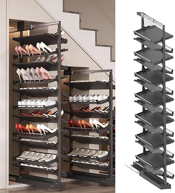 Pull-Out Shoe Rack Organizer for Closet Shoe Cabinet,Adjustable Height Retractable Metal Stackable Shoe Rack, Vertical Shelf Organizer for Small Bedroom Closet, Space Saving Storage, Black(53cm,15 Tie