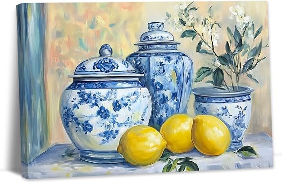 YMXZHUANSH Lemon Canvas Wall Art Kitchen Citrus Fruit Pictures Wall Decor Yellow Lemon Pottery Blue Classical Painting for Farmhouse Decor Frame(White 20.00" x 30.00")