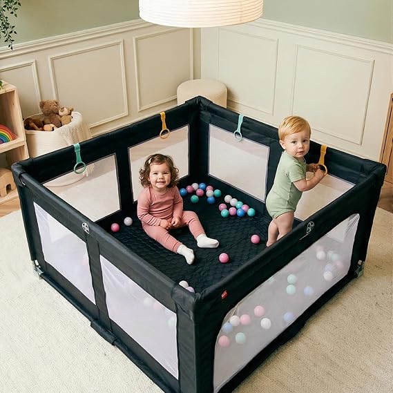 INFANS Foldable Baby Playpen with Mat, Large Baby Play Yard for Infant with 50 Ocean Balls, 4 Handlers, Carry Bag, Indoor Outdoor Fence Toddler Activity Center (Dark, 50 x 50)
