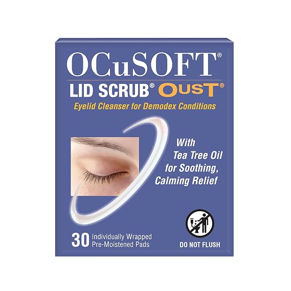 OCuSOFT Lid Scrub Oust Eyelid Cleanser, Pre-Moistened Pads, 30 Count | Tea Tree Oil Pads for Irritated Eyelids Associated with Demodex Mites, Lid & Lash Debris for Soothing, Calm Relief