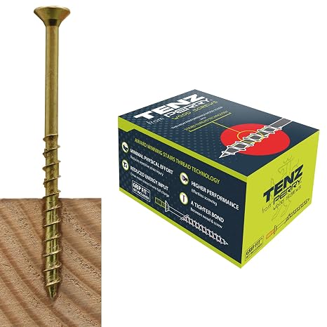 TENZ from PERRY Multi Purpose Wood Screws 5.0mm x 50mm Box of 200 Countersunk Pozi Drive Woodscrews Yellow Passivated with Stairs Thread Technology