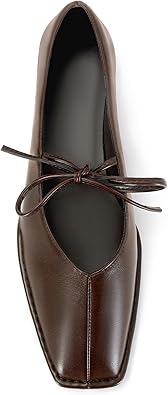 Lace Up Ballet Flats for Women Bow Square Toe Mary Jane Flats Slip On Leather Ballerina Shoes