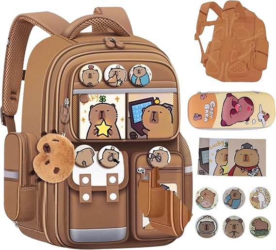 Capybara Cartoon Backpack Large Capacity Waterproof Kawaii Backpack with Pins and Accessories 12 Piece Set Gift for fans (Brown-A)
