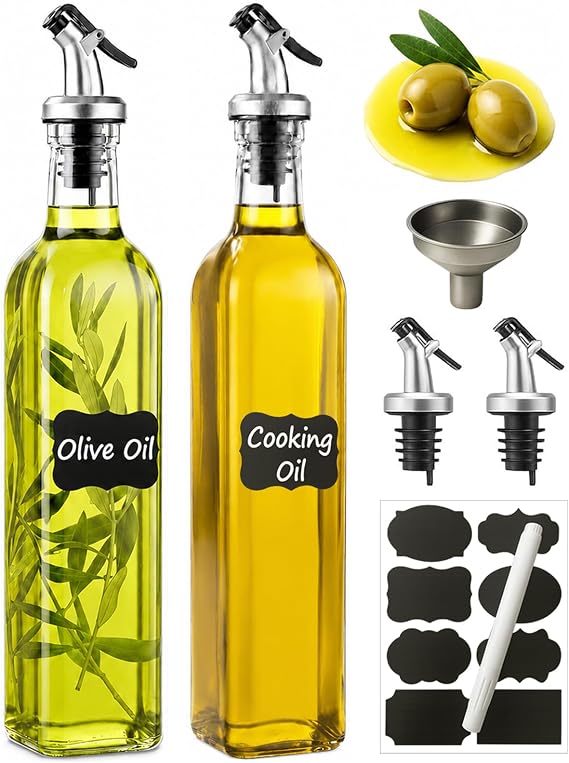 WERTIOO Set of 2 Oil Bottles 500 ml Olive Oil Bottle Vinegar and Oil Bottles Set 17 oz Oil Bottle with Spout Glass Vinegar Oil Container with Funnel & Pen and for Kitchen BBQ Transparent