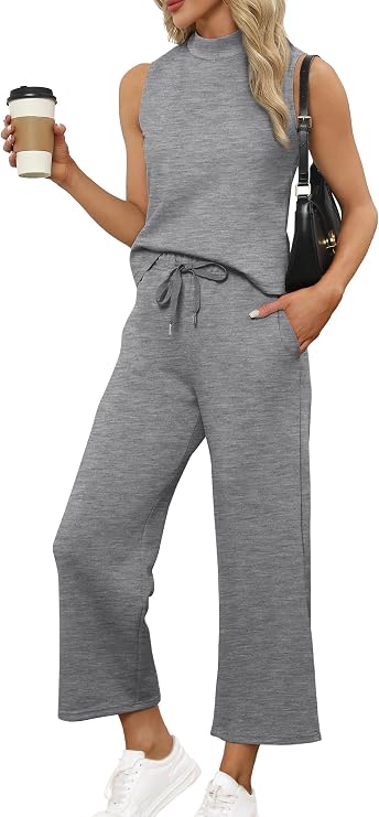 SAMPEEL Two Piece Sets for Women Summer Outfits Lounge Sets Mock Neck Tops Wide Leg Crop Pants Vacation Travel Outfits