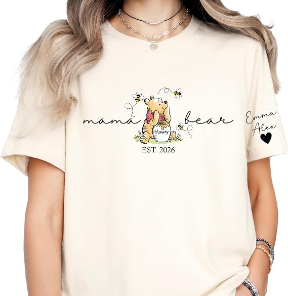 Personalized Mama Shirt with Kids Names on Sleeve Custom Mama Bear Tshirt Est for Women Mama Tee for New Mom Birthday Gifts