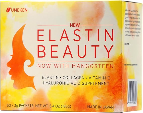 Umeken Elastin Beauty Powder Supplement with Collagen Peptides, Hyaluronic Acid, Vitamin C and Mangosteen Fruit, Womens Health and Wellness, 1 Month Supply, 60 Packets