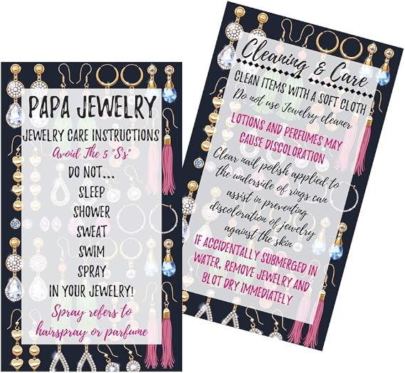 Jewelry Cleaning and Care Cards | Package of 50 | Bling Earrning Design | Jewelry Bling Queen Care Instructions