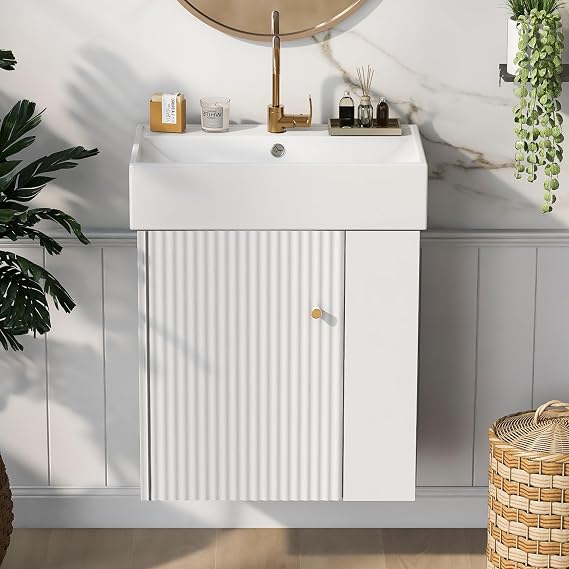 21.6 inch White Floating Bathroom Vanity with Sink,Narrow Depth Vanities (Right Side Storage)