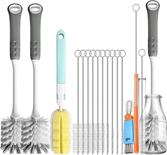 Bottle Brush Cleaner Set for Bottles, Cups and Straws Cleaning, 14 Pack | Long Handle Bottle Brushes | Sponge Brush | 3-in-1 Lid Cup Cleaning Brush | Straw Brushes in Assorted Diameters