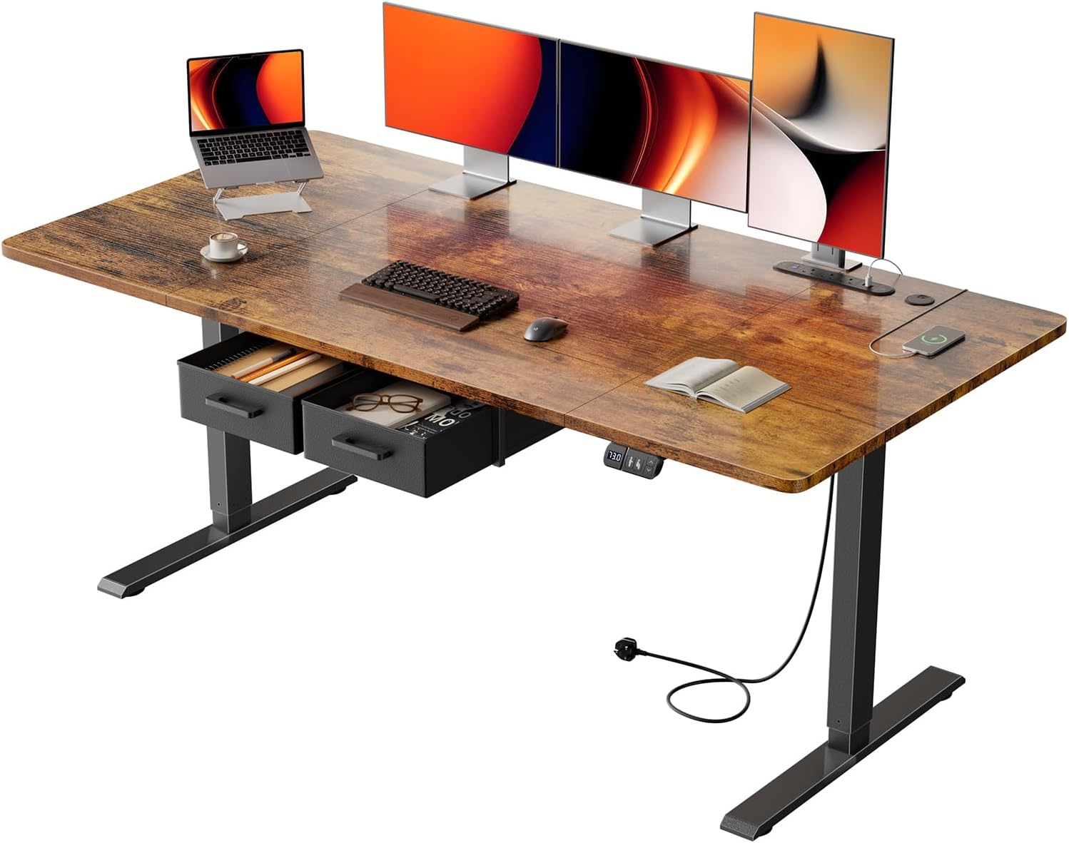 Electric Standing Desk with 2 Drawers, 160 x 80 cm Height Adjustable Standing Desk with Power Outlets and USB Ports, Sit Stand Table with Memory Smart Pannel for Home Office, Brown