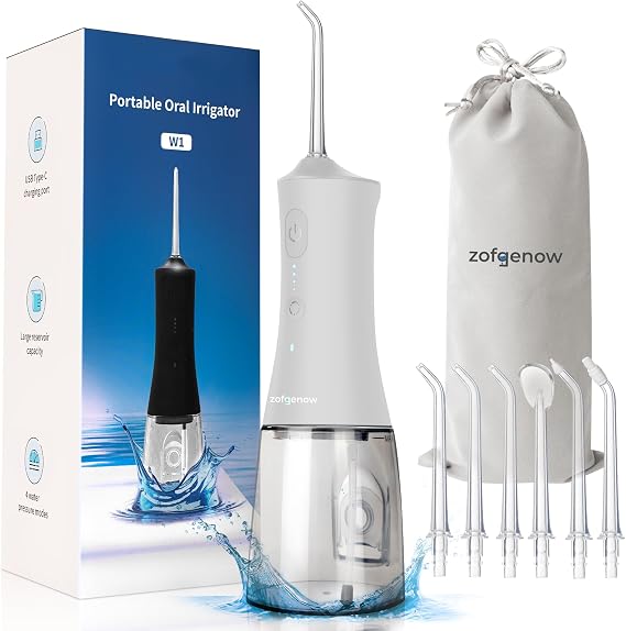 ZOFGENOW Cordless Water Dental Flosser for Teeth, 300ml Rechargeable Oral Irrigator Cleaning, 4 Modes & 6 Jet Tips, IPX7 Waterproof, Portable Dental Flosser for Braces & Travel, White