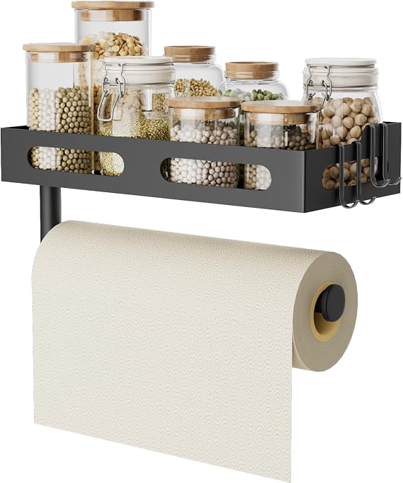 Paper Towel Holder Wall Mount for Kitchen, One-Handed Tear, Bathroom Paper Towel Holder with Shelf, RV Paper Towel Rack Wall Mount Paper Roll Holder with 4 Hooks, Matte Black