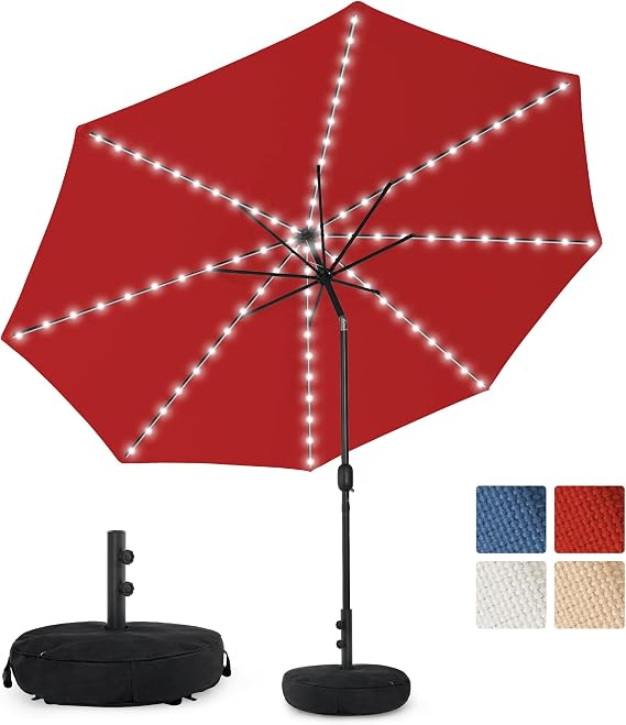 Sundale Outdoor OLEFIN Solar Patio Umbrella with Sand Bag Umbrella Base, Outdoor Umbrella LED with Tilt and Crank