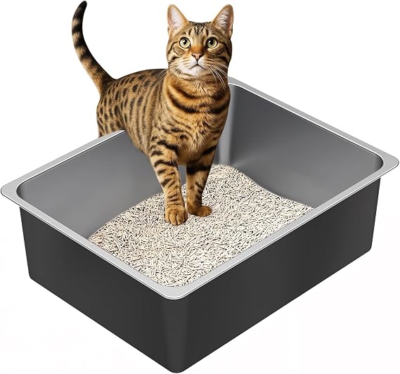 Ohtomber High Sided Stainless Steel Cat Litter Box