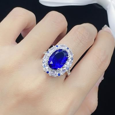 Oval Sapphire Rings for Women Halo Diamond Engagement Birthstone Band Topaz Created Blue Sapphire 925 Sterling Silver Made with Infinite Elements Zirconia Promise Rings AdjustableBlue