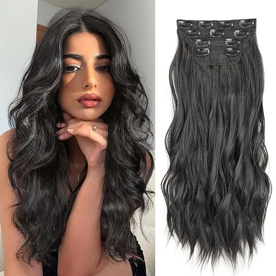16 Inch Wavy Black Clip in Hair Extensions - 4PCS Full Head Set Thick Curly Synthetic Hair Pieces for Women Girls (1B#)