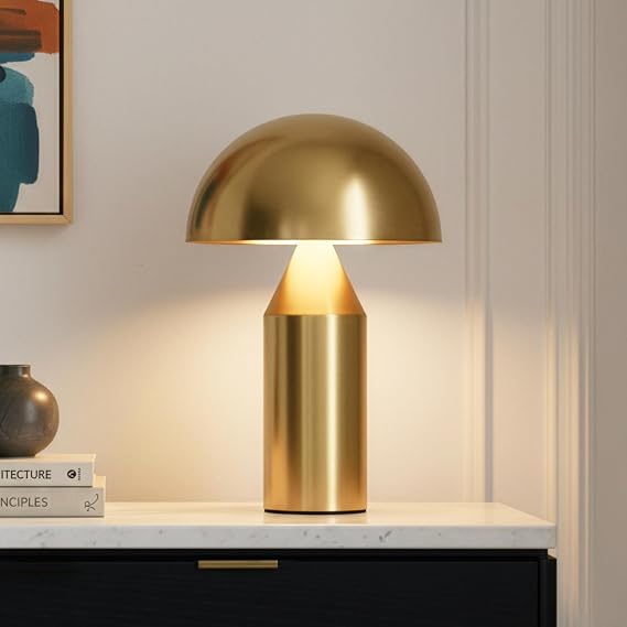 Brightech Venus Mushroom Table Lamp - Modern Lamp for Living Room, Bedroom Side/End Table - Dimmable, Unique Side Table LED Lamp Shade for Office, Reading - Brass/Gold, 14" Tall