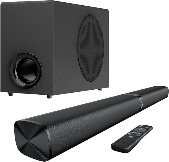 Sound Bar with Subwoofer, 110W Sound Bar with Adjustable Deep Bass & 3 EQ Modes, Bluetooth/ARC/Opt/AUX Connect, Sound Bar for Smart TV