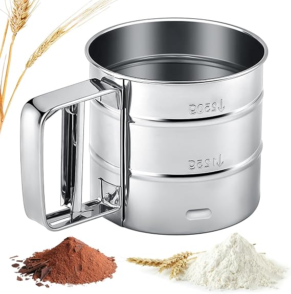 Flour Sifter for Baking, Fine Mesh Flour Sieve Strainer, Hand Press Crank Baking Sifter, Powder Strainer, Powder Sieve, Sugar Shaker Duster