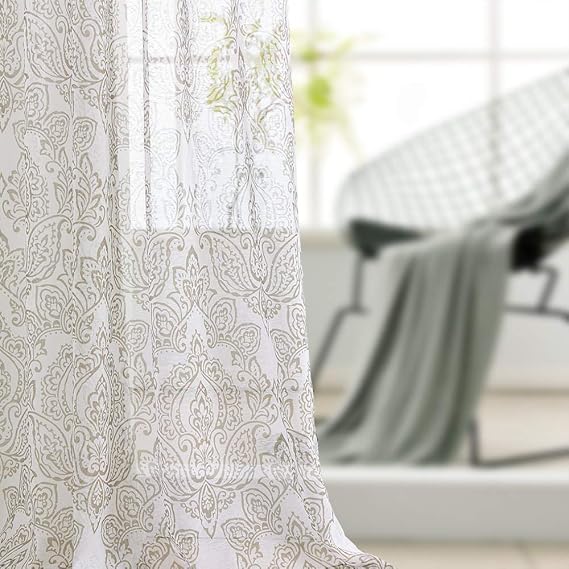 FMFUNCTEX Damask Sheer Curtains 84 Inch Long Living Room Bedroom Classic Vintage Floral Printed Window Panel Pair for Guest Room Rod Pocket Curtain Panels 2 Pcs Natural
