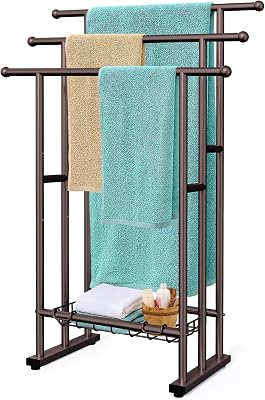 Kayfia 40 Tall Standing Towel Racks for Bathroom, 3 Tier Towel Rack Stand with Storage Basket, Blanket Ladder Drying and Display Rack for Oversized Bath Towel, Next to Tub Or Shower
