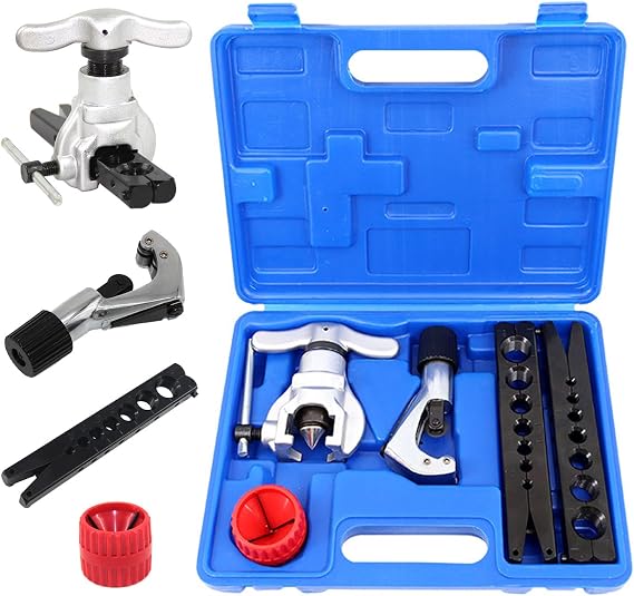 Flaring Tool Kit 3/16-3/4 and 5-19mm, Single 45 7 Dies Eccentric Tubing Flare Tool with Clutch Deburring Tool Cutter for Copper Pipe Tube(5 in 1 Set)