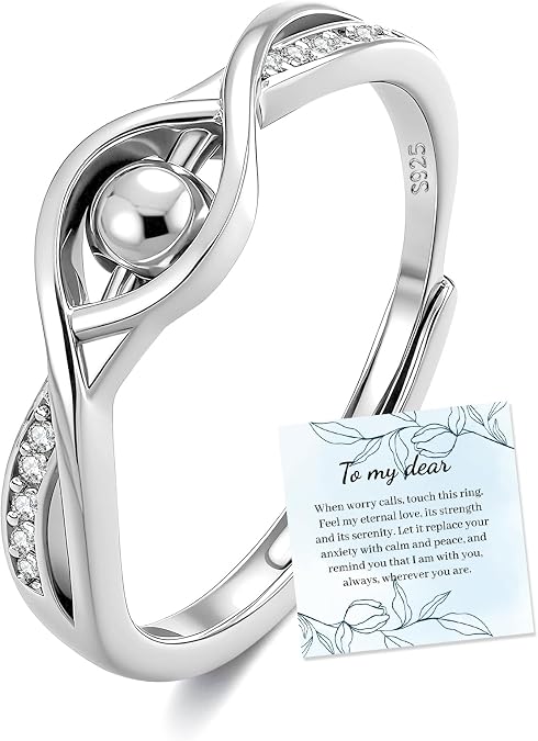 PABBEU Anxiety Rings for Women 925 Sterling Silver Fidget Rings with Bead Adjustable Spinner Ring with Cubic Zirconia Stress Ring for Anxiety Women Gift
