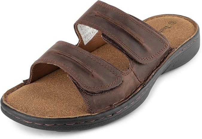 TIESTRA Mens Adjustable Leather Slide Sandals Comfortable Lightweight Summer Memory Foam Sandals Casual Beach Slip On Sandals for Men Indoor & Outdoor