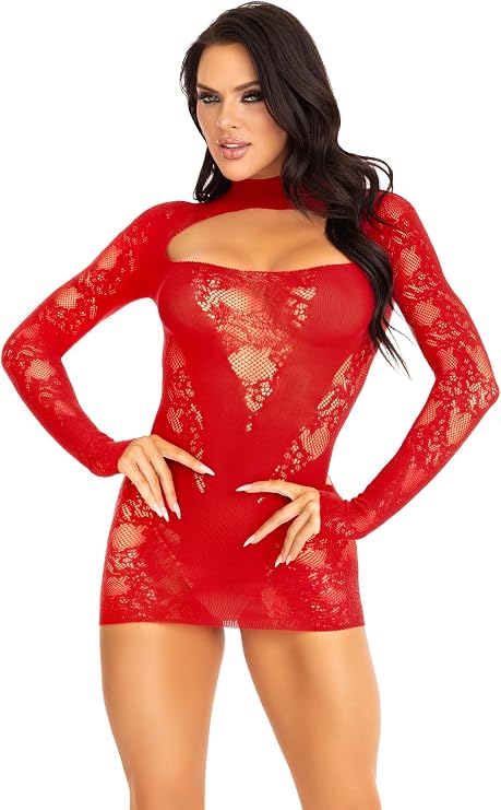 Leg Avenue Women's Lace Keyhole Mini Dress with Opaque Panel Detailing and Gloved Sleeves