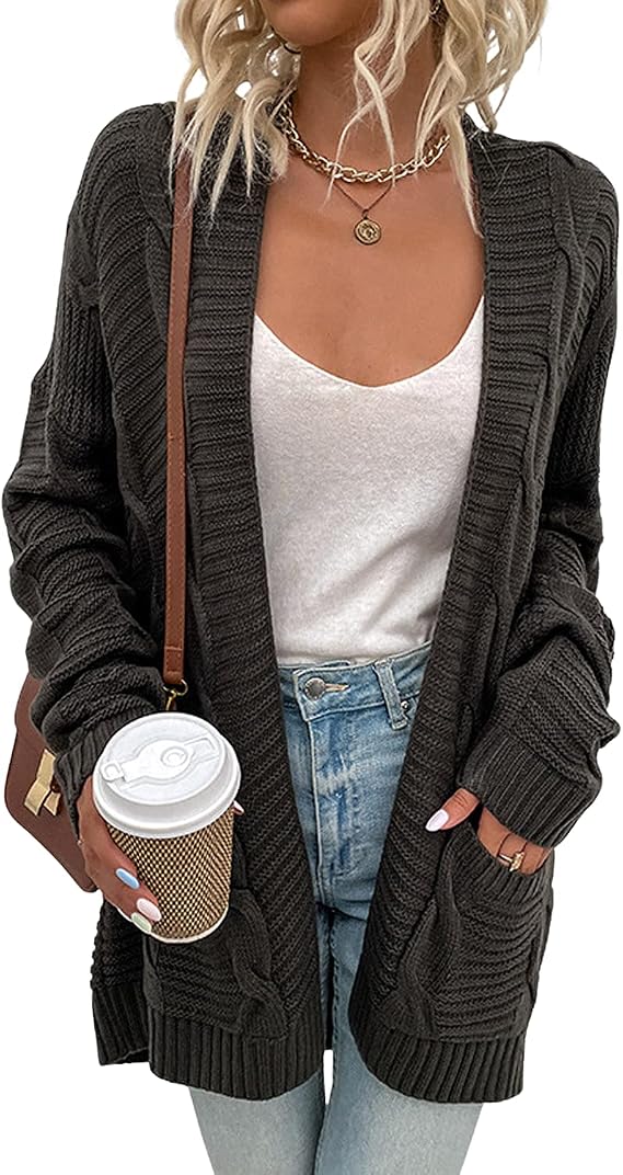 Easygou Womens Chunky Knit Cardigan Open Front Knit Cardigan Sweaters with Pockets Button Down Long Sleeve Sweater Solid Color Cable Knit Winter Sweater Coat for Women