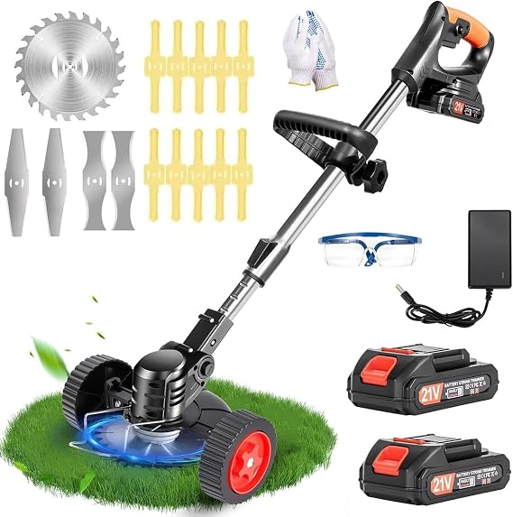 Electric Weed Wacker Cordless with Wheels, 2pcs Batteries&4Types Blades,3-in-1 Grass Trimmer/Brush Cutter