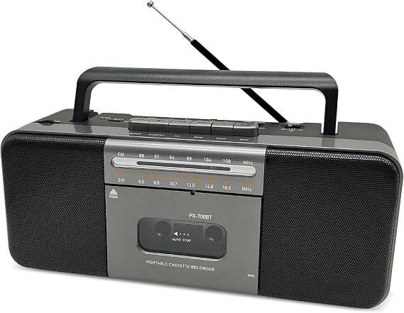 Portable Cassette Player/Recorder with Bluetooth, AM/FM/SW Radio, 10W Dual Speakers, USB/TF, Built-in Mic, Mains/Battery, Earphone Jack