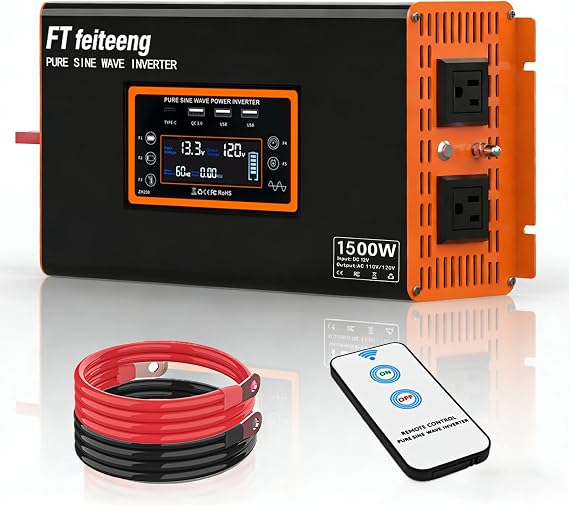 1500W Pure Sine Wave Inverter 12V to 110V/120V, Power Inverters for Vehicles Solar Off-Grid & Outdoor Emergency Power, LCD Temp Control & Dual Fast Charger (Rv/Truck/Camping)( Peak 3000W)