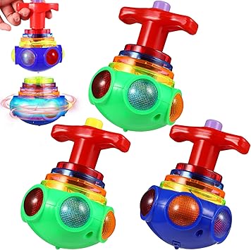 TOYANDONA 3Pcs Spinning Top Toys, LED Light Up Flashing Music Spinning Tops for Kids Gifts Birthday Party Favors Goodie Bag Fillers(Random Color