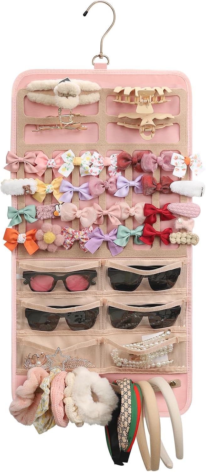 Ethereal Hanging Claw Clip Organizer for WomenGirls, Pink Hair Bows Holder with Hanger Metal Hooks, Hair Accessories Organizer for Sunglasses, Hair Clip, Scrunchies Only Bag