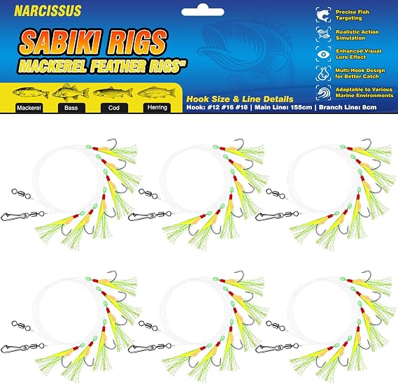 Narcissus Sabiki Rigs for Sea Fishing, 12Pack Pre-Tied Mackerel Feather Rigs with 60 Hooks, Luminous Beads & Bionic Insects, Perfect for Mackerel,Pollock,Cod,Herring,Bass