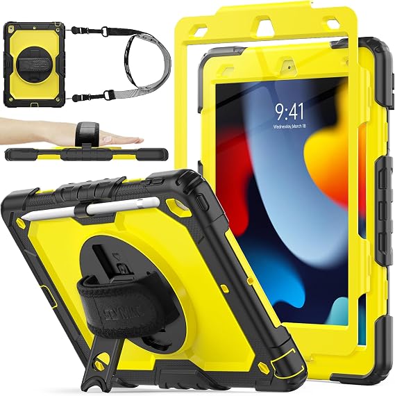 SEYMAC stock Case for iPad 9th/ 8th/ 7th Generation 10.2'', Shockproof with Screen Protector, Pencil Holder [360 Rotating Hand Strap] & Stand, for iPad 10.2 inch 2021-2019 (Yellow+Black)