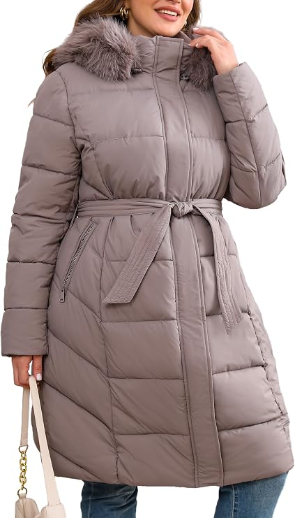 Bellivera Women's Plus Size Winter Long Quilted Puffer Coat With Hood 1X-5X