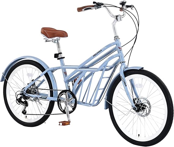 24 inch Beach Cruiser Bike, Bikes for Adults 6-Speed High Carbon Steel with Cargo Space, Dual V-Brake and Adjustable Seat, Commuter Bicycle for Adult Men and Women Multiple Colors
