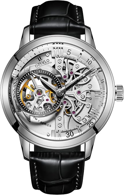 OBLVLO Luxury Rose Gold Watches Men's Skeleton Dial Automatic Watches Leather Strap VM-1