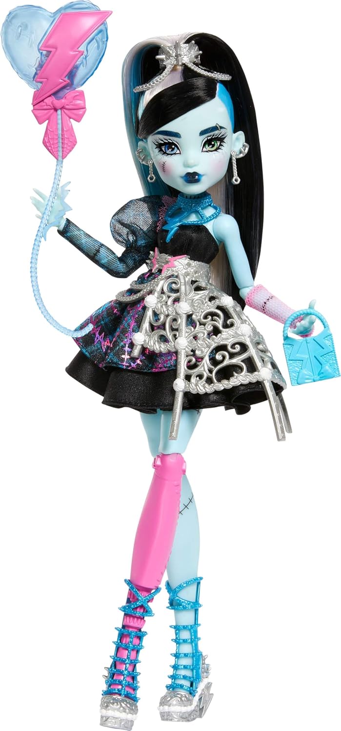 Birthday Frankie Stein doll wearing Monster High Black party dress and theme-friendly accessories such as invitations, balloons, gifts and lipsticks, JBG75