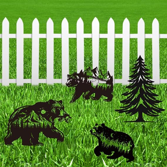 Bear Garden Stake Outdoor Yard Decor Set of 4 Metal Black Lawn Ornament, Cute Bear Lover Gift for Women Men, Weather-Resistant Bear Silhouette Statues Yard Art for Patio