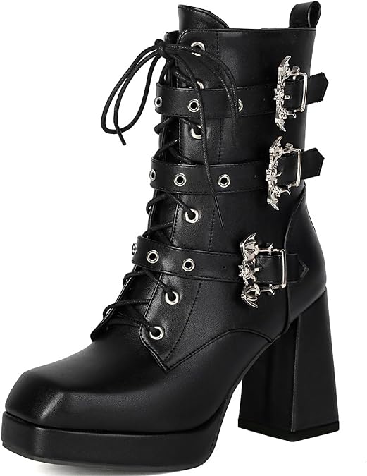 FOREADA Platform Combat Boots Women Chunky Heel Goth Boots High Heeled Ankle Booties With Zipper Square Toe Buckle Lace Up Gothic Shoes