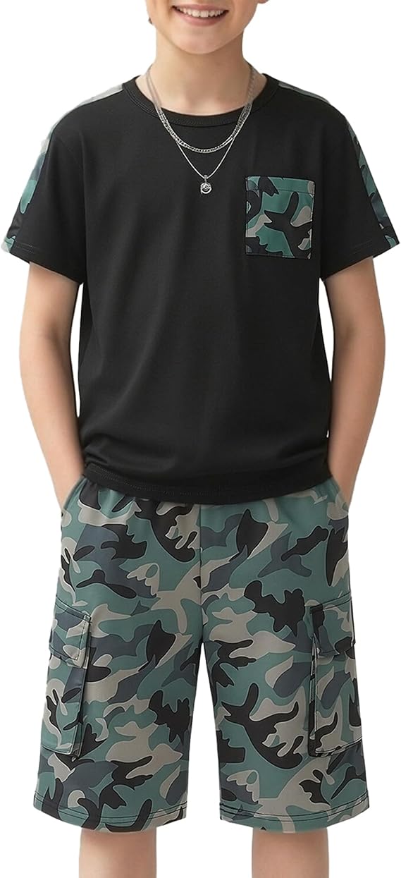 mksodopy Boys Summer Outfit Set 2 Piece T Shirt and Camo Shorts Casual Clothes for Little Big Boys