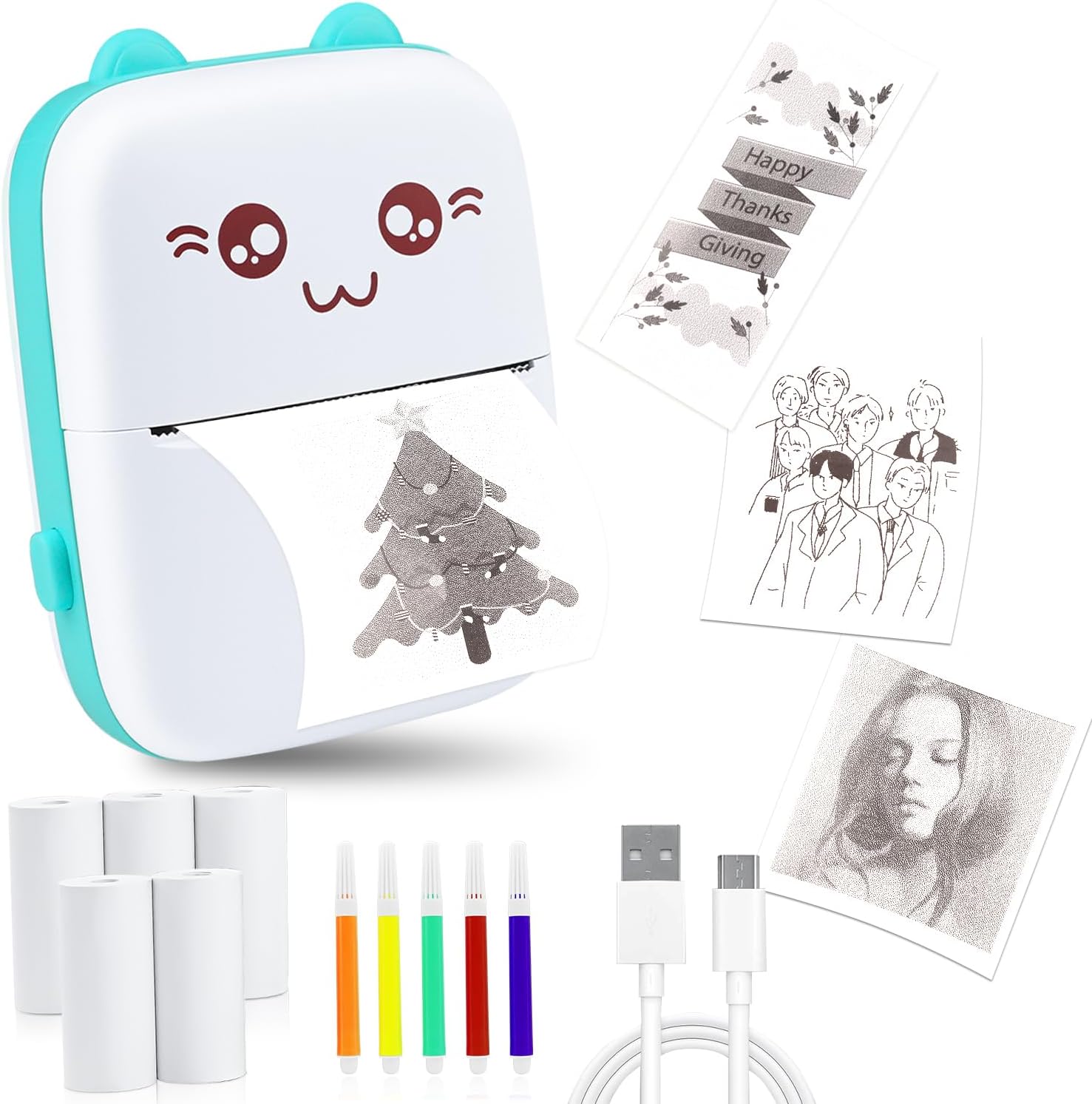Bunnyboo Mini Thermal Printer, Bluetooth Labler Maker, Portable Label Printer, Mini Printer Compatible with Android and ios, Printable Photos, Lists, QR Codes, Notes Blue
