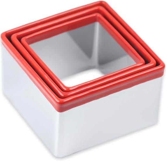 3 Pcs Square Cookie Cutter Set, Stainless Steel Biscuit Cutters for Baking, 2.5 2.9 3.3, Sandwich Cutter Shapes for Kids, Red Soft Rubber Top for Protection