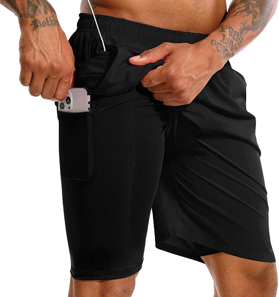 Men's 2 in 1 Running Shorts 5 in or 7 in Quick Dry Gym Athletic Workout Shorts for Men with Phone Pockets