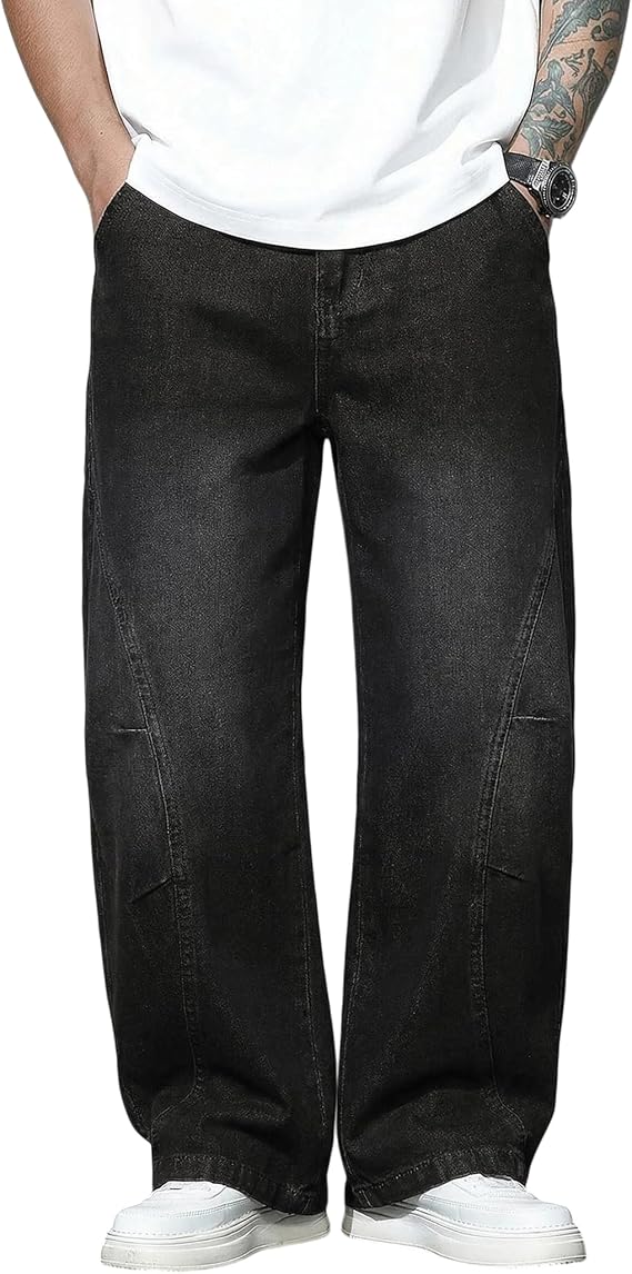 Mens Baggy Jeans Wide Leg Casual Irregular Sutures Denim Pants