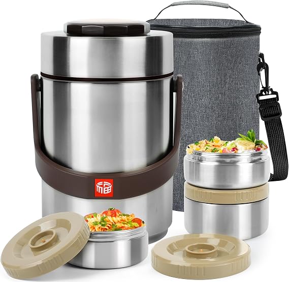 3-Layer Thermos for Hot Food & Soup Containers 67 Oz with Lunch Bag | Sealed Stackable Stainless Steel Insulated Bento Box, Ideal for Daily Office Meals, School Lunches and Outdoor Dining